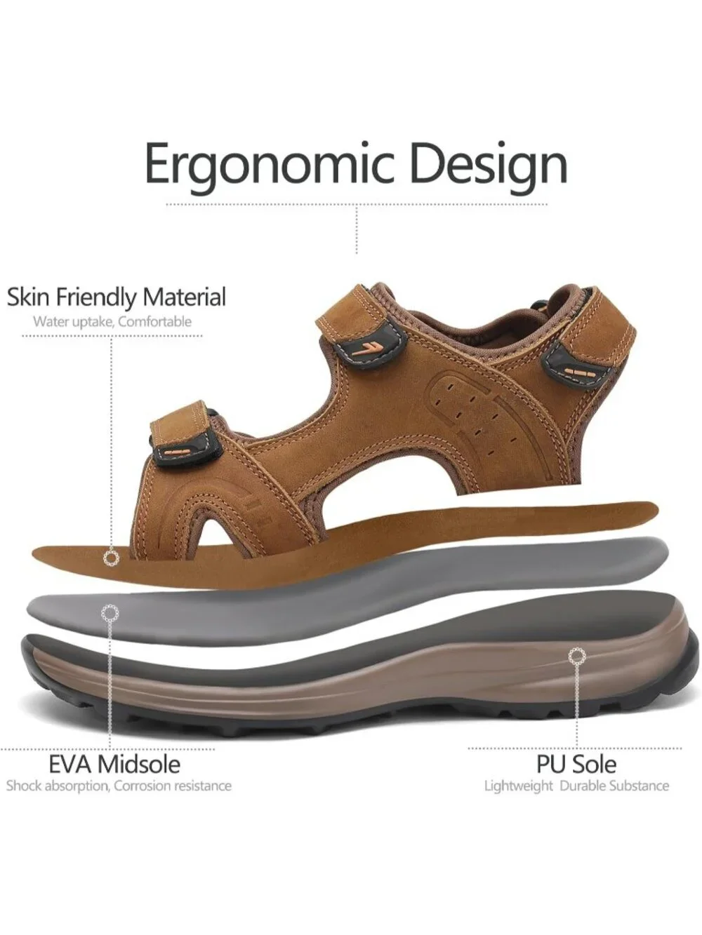 Men's Brown 1 Leather Athletic Sandals Sport Outdoor Hiking Sandals Open Toe
